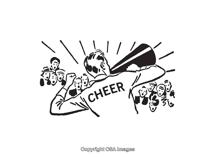 Vintage Line Art Illustration of Cheer Enthusiasts in Black and White