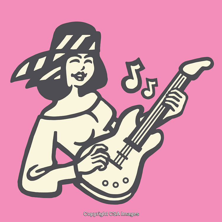 Stylized Illustration of Musician Playing a Guitar on a Pink Background