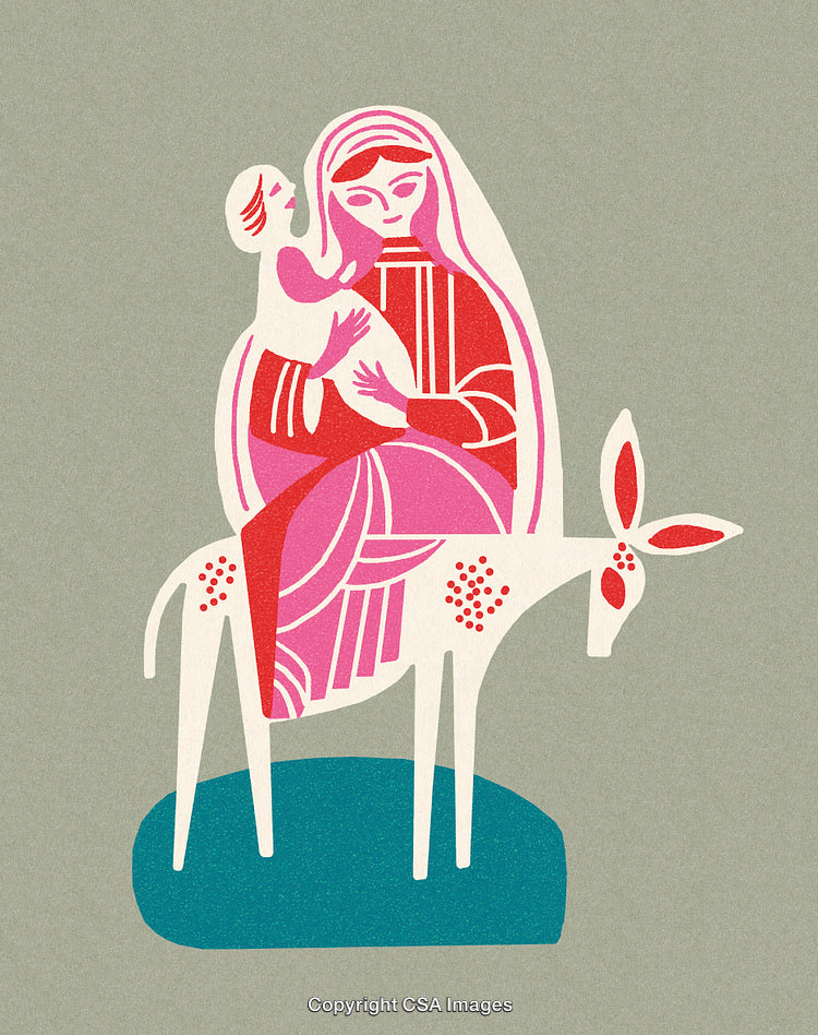 Stylized Illustration of Motherhood With Child and Donkey in Pastel Colors