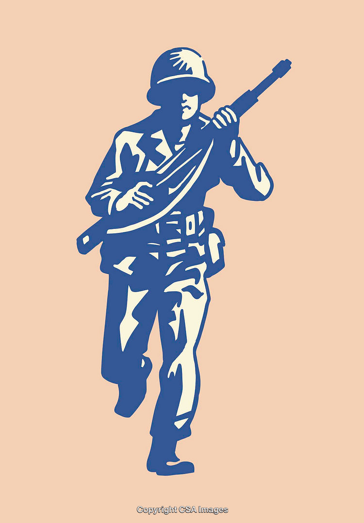 Vintage Illustration of a Soldier Marching in Military Attire Carrying a Weapon
