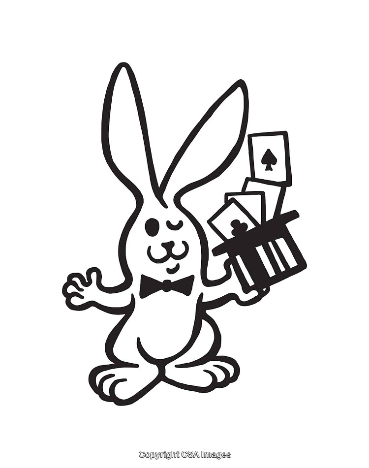 Black And White Line Art of a Magical Rabbit Holding Playing Cards