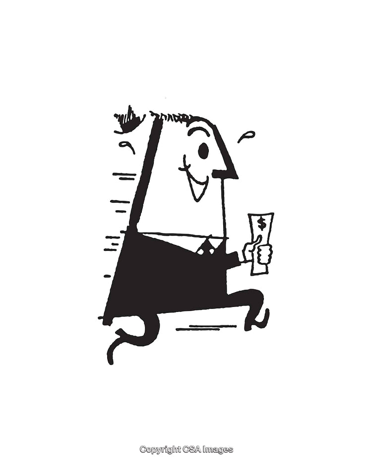 Cartoon Character Running with Money in Hand in Black and White Art