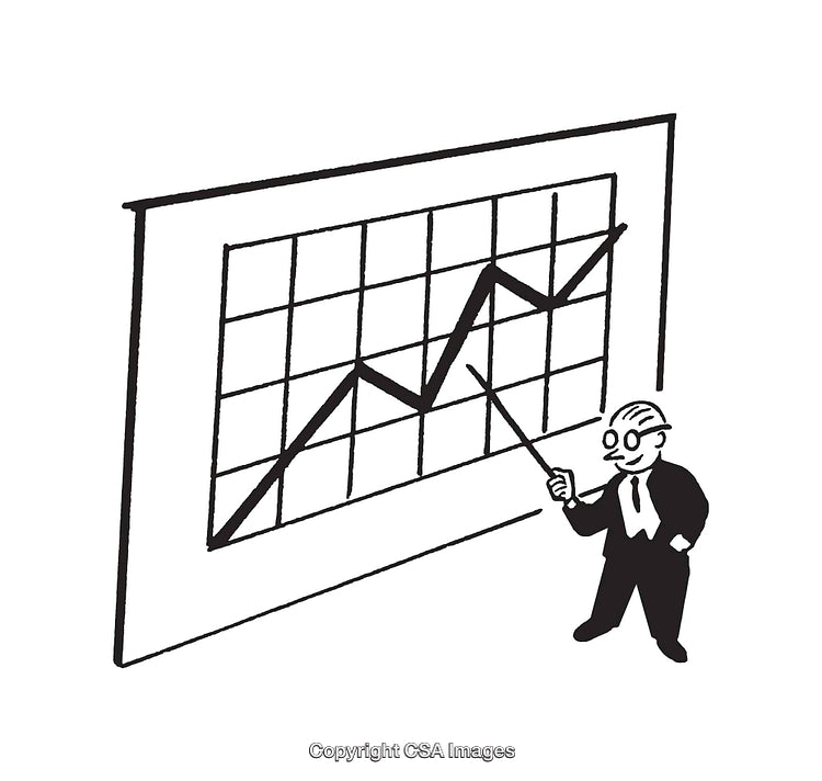Businessman Presenting Performance Trends on a Line Graph in Black and White Art