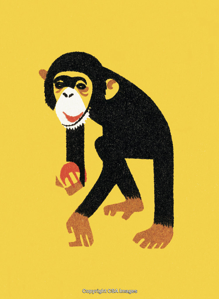 Illustration of a Chimpanzee Holding an Apple on Yellow Background