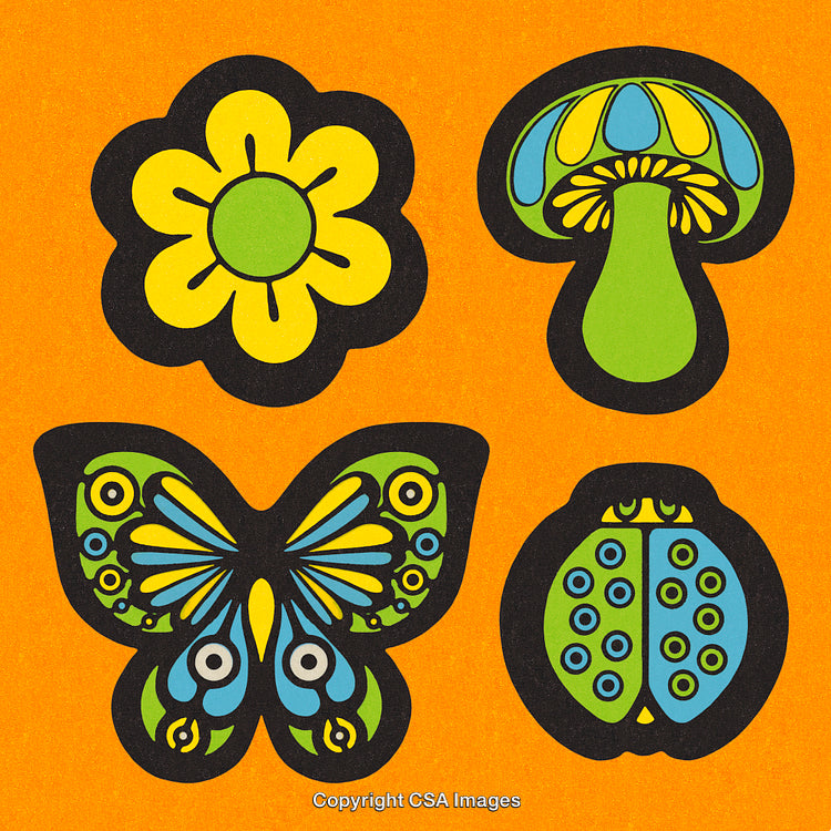 Colorful Retro Flower, Mushroom, Butterfly, and Ladybug Design on Orange Background