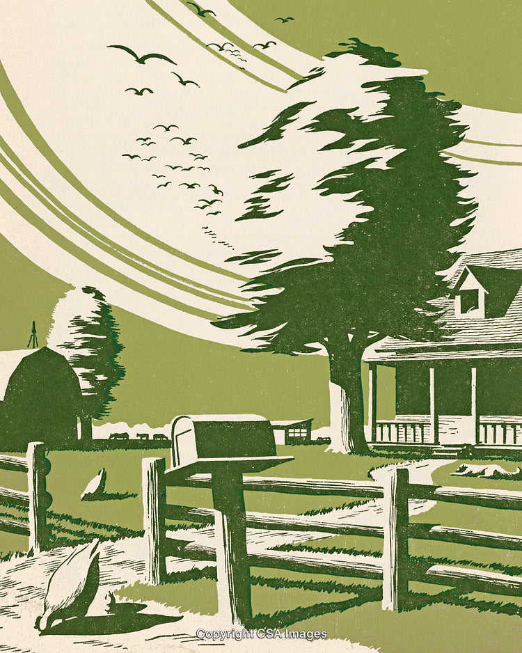 Rustic Farm Landscape with Vintage Style Illustrations and Country Scenery