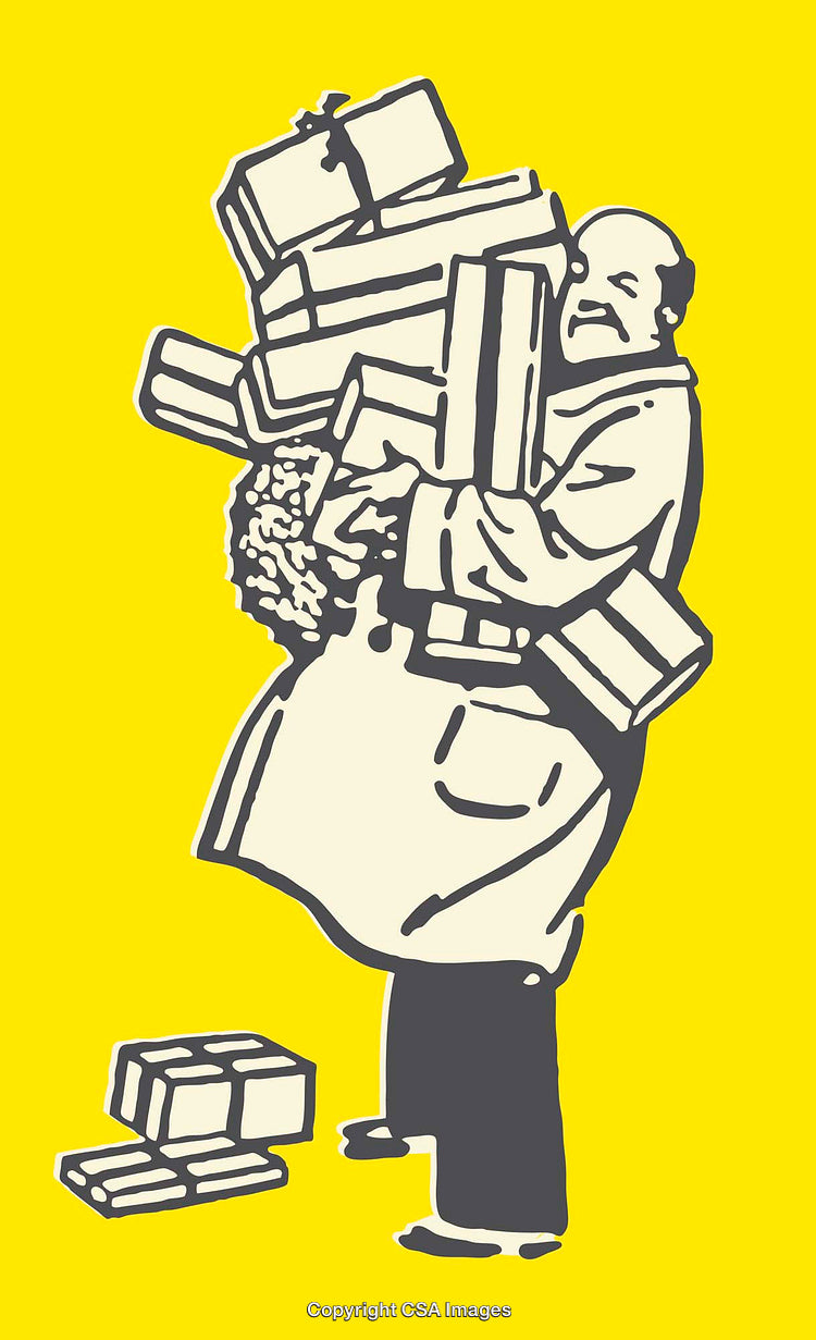 Man Managing Multiple Packages in Bold Yellow and Black Line Art