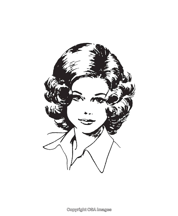 Vintage Black and White Line Art of a Woman With Curled Hair
