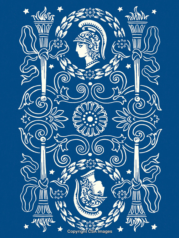 Classical Decorative Motif with Ancient Greek Warrior Design on Blue Background