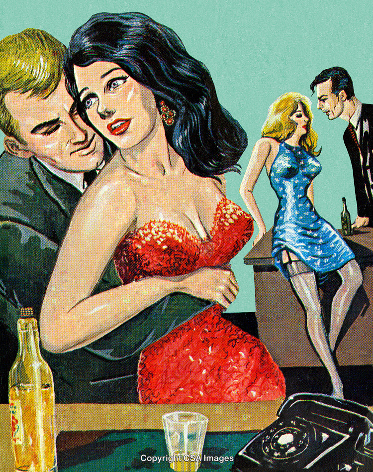 Vintage Painting of Dramatic Romantic Encounter in a Bar Scene