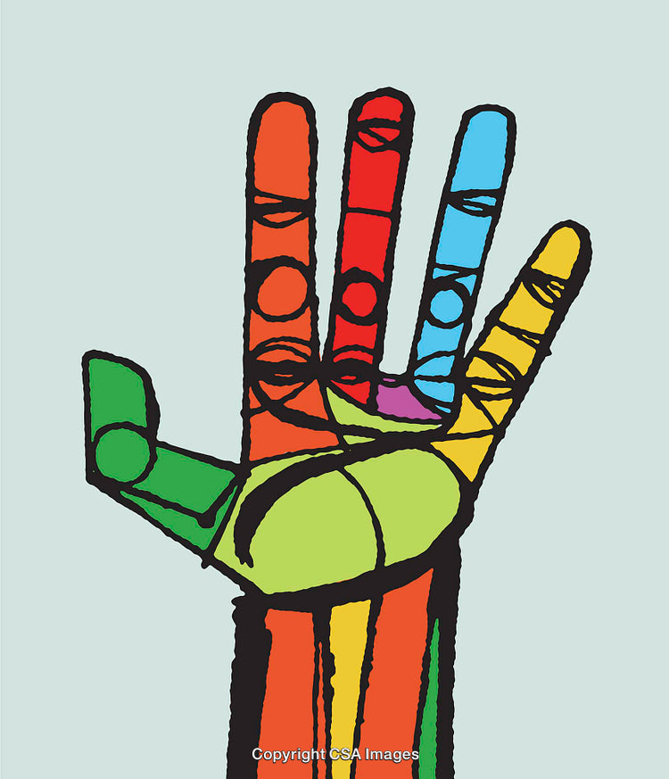 Colorful Geometric Hand Illustration Symbolizing Unity and Creativity