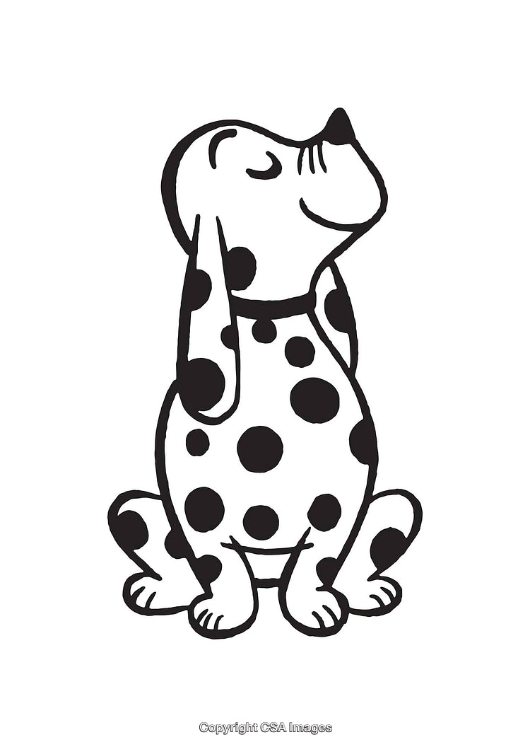 Black and White Line Art of a Happy Spotted Dog Sitting