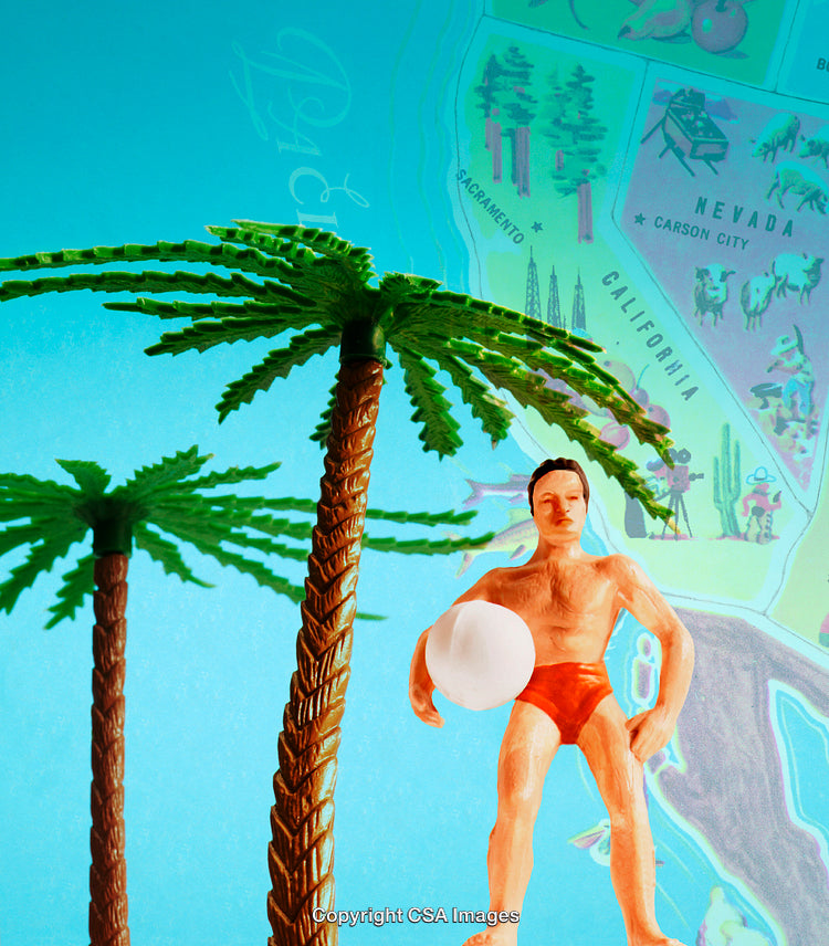 Colorful Beach-Themed Scene Featuring Plastic Figures and Palm Trees