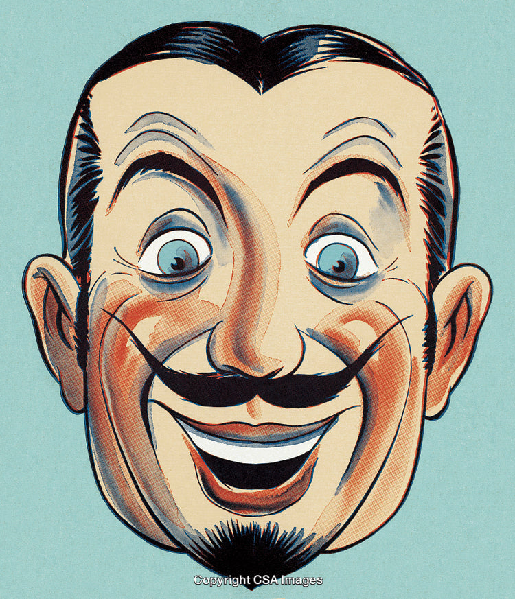 Vintage Illustration of a Smiling Cartoon Man With Moustache and Expressive Features