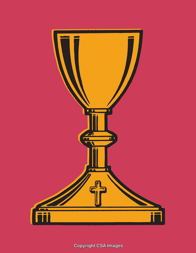 Golden Chalice Line Art Illustration on Vibrant Red Background