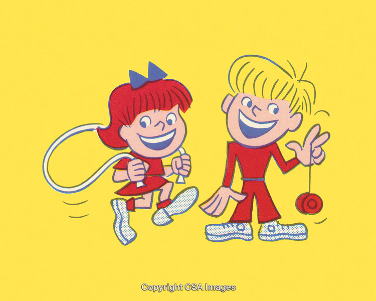 Children Playing With Yo-Yo and Jump Rope on Yellow Background