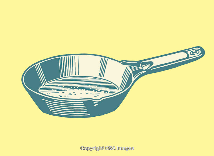 Vintage Line Art Illustration of a Cooking Pan on Yellow Background