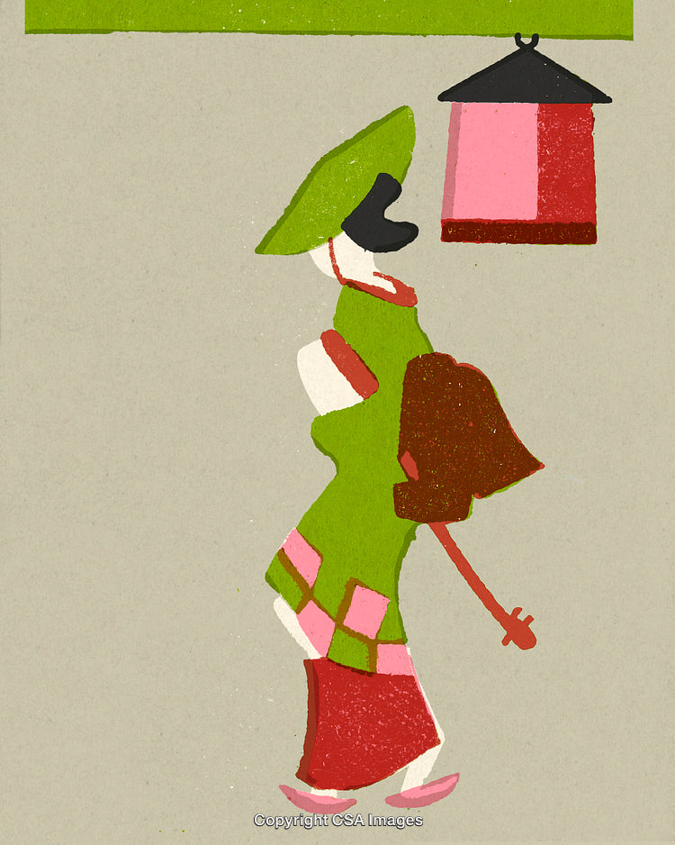 Minimalist Illustration of Woman in Vibrant Clothing Under Lantern