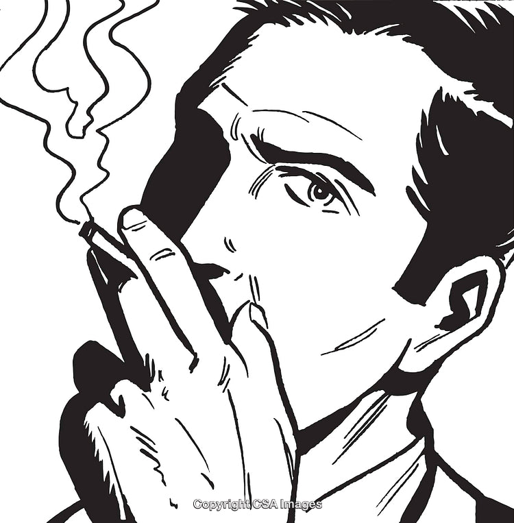 Black and White Illustration of Man Smoking a Cigarette with Bold Lines