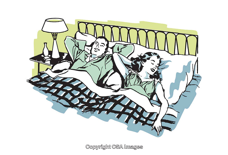 Retro-Style Illustration of Relaxed Couple Resting in Bed with Colorful Details