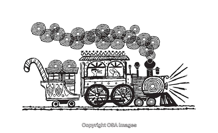Detailed Line Art Illustration of Steam Train with Smoke Clouds