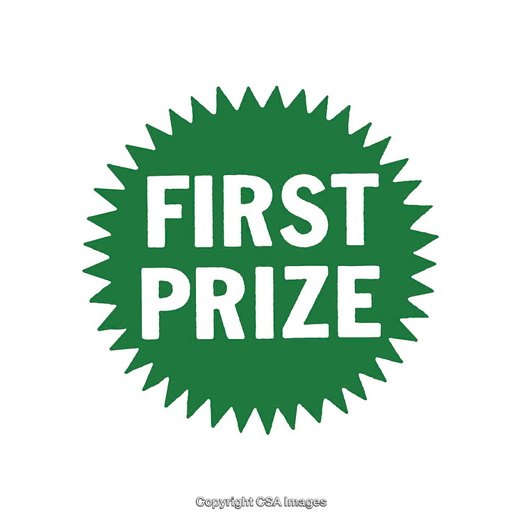 Green First Prize Award Ribbon with Text in Bold White Font