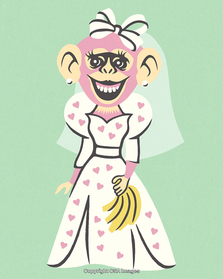 Cheerful Anthropomorphic Monkey Dressed as a Bride on a Pastel Background