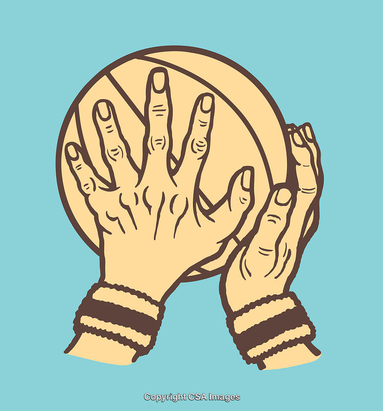 Illustration of Hands Gripping a Ball with Wristbands and a Colorful Background