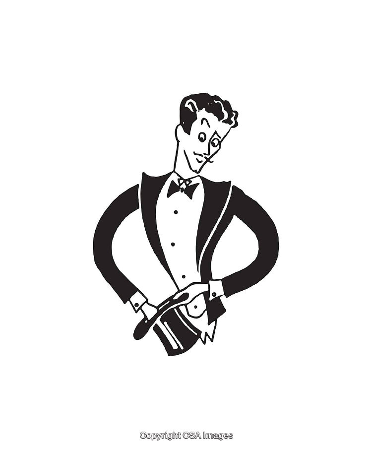 Black And White Artwork of a Gentleman Holding a Classic Hat