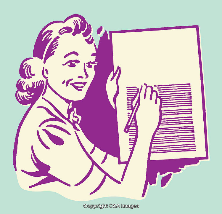 Retro Style Illustration of a Smiling Woman Holding a Document