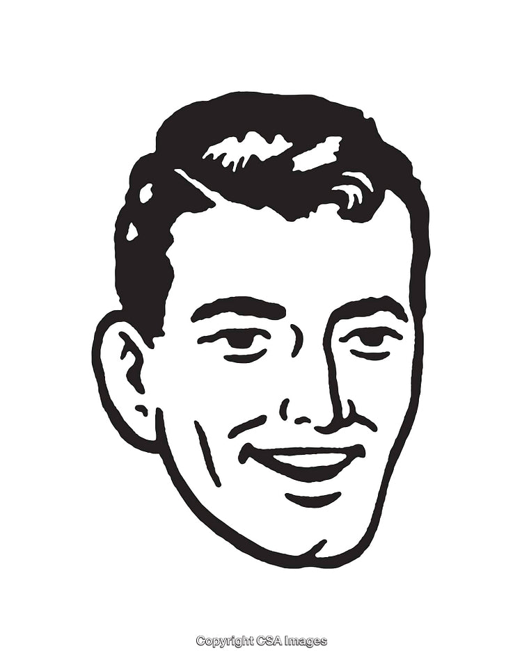 Vintage Line Drawing of a Smiling Male Face in Black and White Style