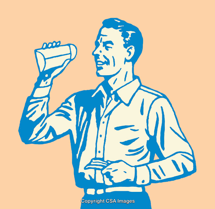 Retro Blue Artwork of Man Drinking with Cheerful Expression