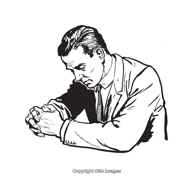 Black and White Illustration of a Thinking Pensive Man in Formal Attire