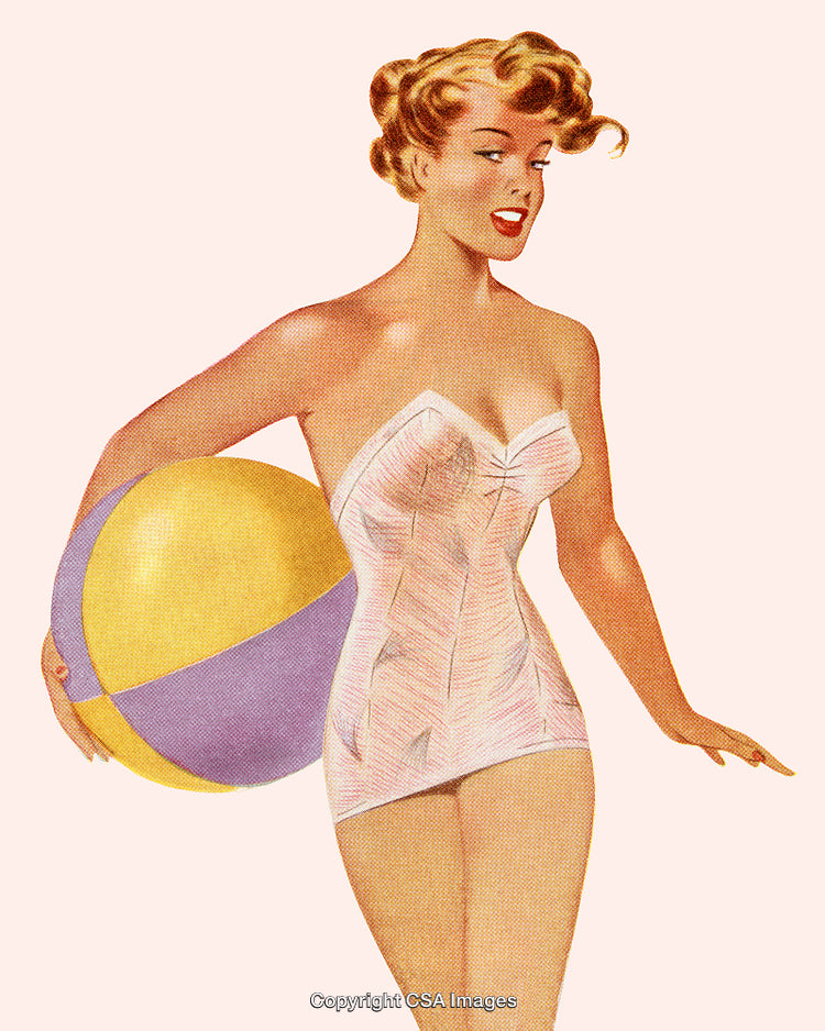 Vintage Illustration of a Feminine Swimsuit Model Holding a Beach Ball