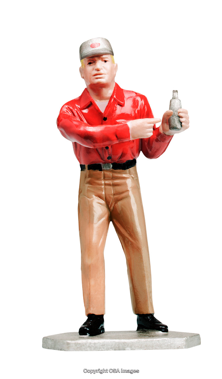 Plastic Toy Figurine of a Worker Holding and Presenting a Bottle