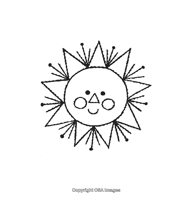 Smiling Sun Line Art Illustration with Geometric Elements