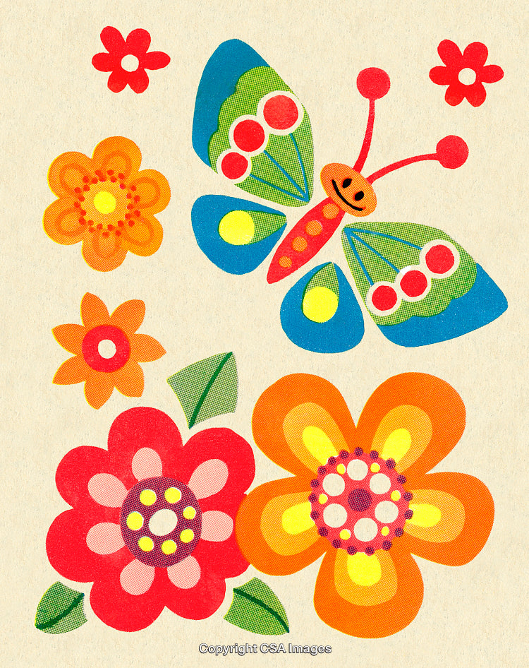 Colorful Illustration of Butterfly and Flowers with Vibrant Designs