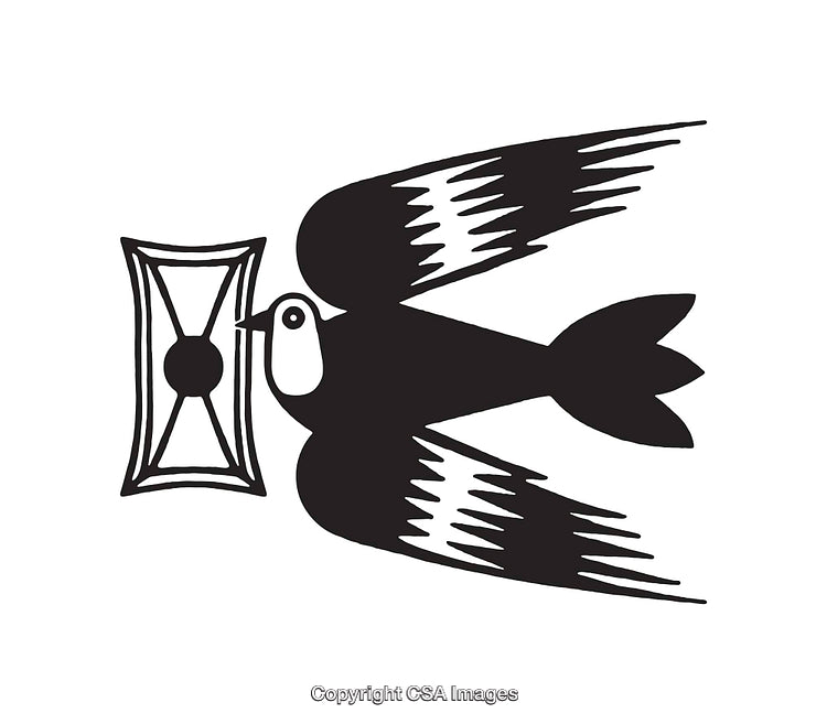 Black And White Stylized Bird Holding an Hourglass Line Art Illustration