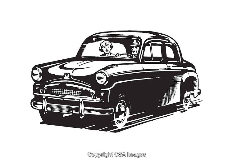 Vintage Black and White Illustration of a Classic Car on the Road