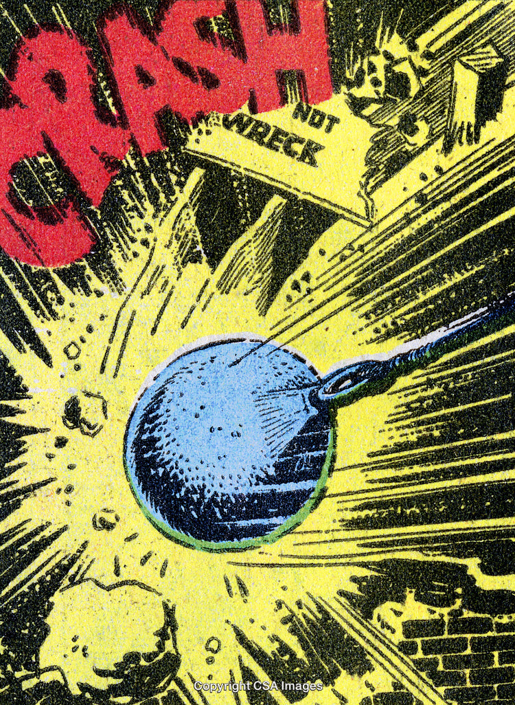 Vibrant Comic Style of a Wrecking Ball in Action with Impact Effect