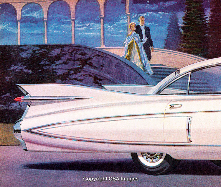 Retro Illustration of Elegant Couple and Classic Car in Scenic Evening View