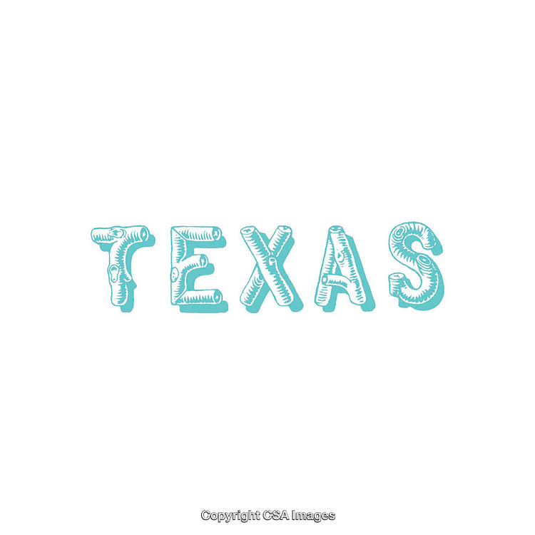 Rustic Outline Text in Blue Spelling Texas on White Background