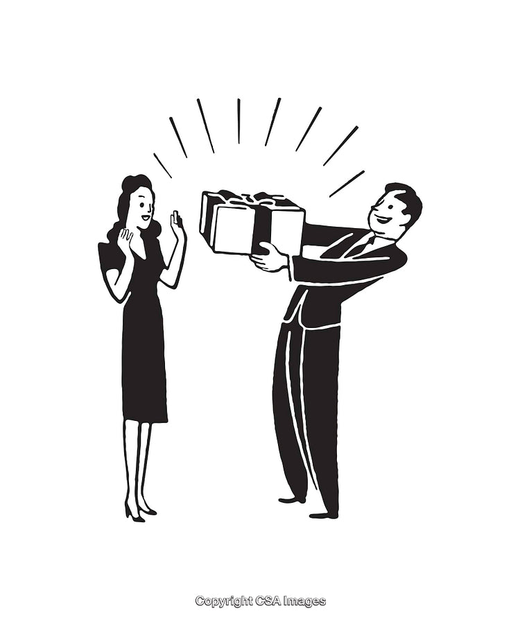 Black and White Illustration of Gift Exchange Between Two People