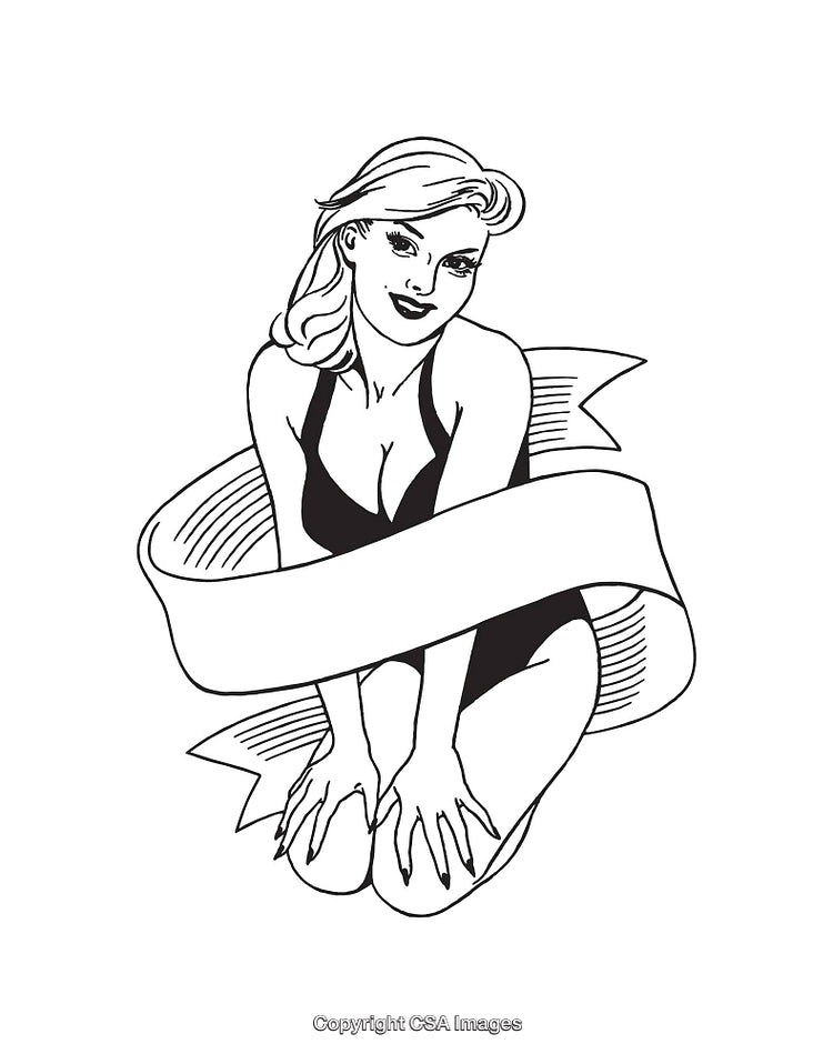 Retro Style Pinup Girl Illustration with Blank Banner for Text