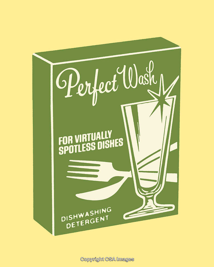Retro Illustration of a Dishwashing Detergent Box with Glass and Fork
