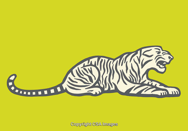Stylized Line Art Illustration of a Striped Tiger on Yellow Background