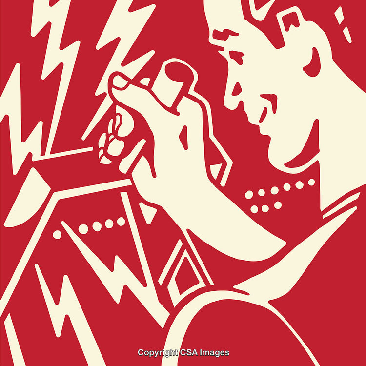 Abstract Red and Cream Retro Graphic Illustration of a Worker Using Tools