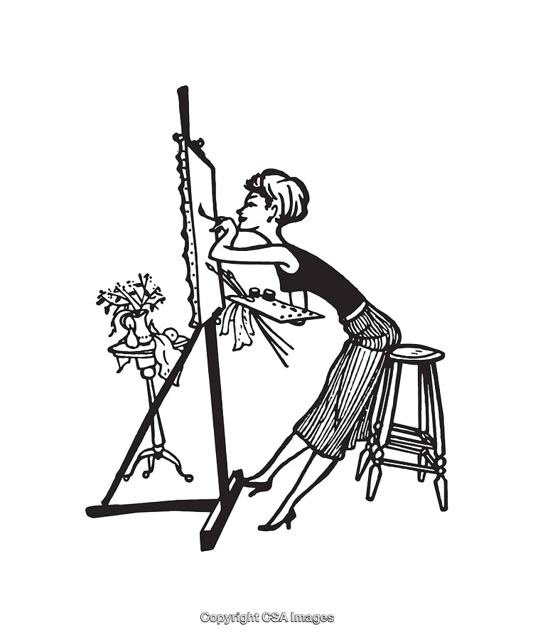 Black and White Line Art Illustration of a Woman Working at an Easel
