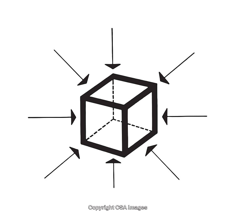 Black and White Diagram Showing Force Arrows Converging on a Cube