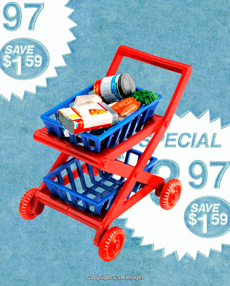 Red and Blue Plastic Toy Shopping Cart with Groceries on a Vintage Background